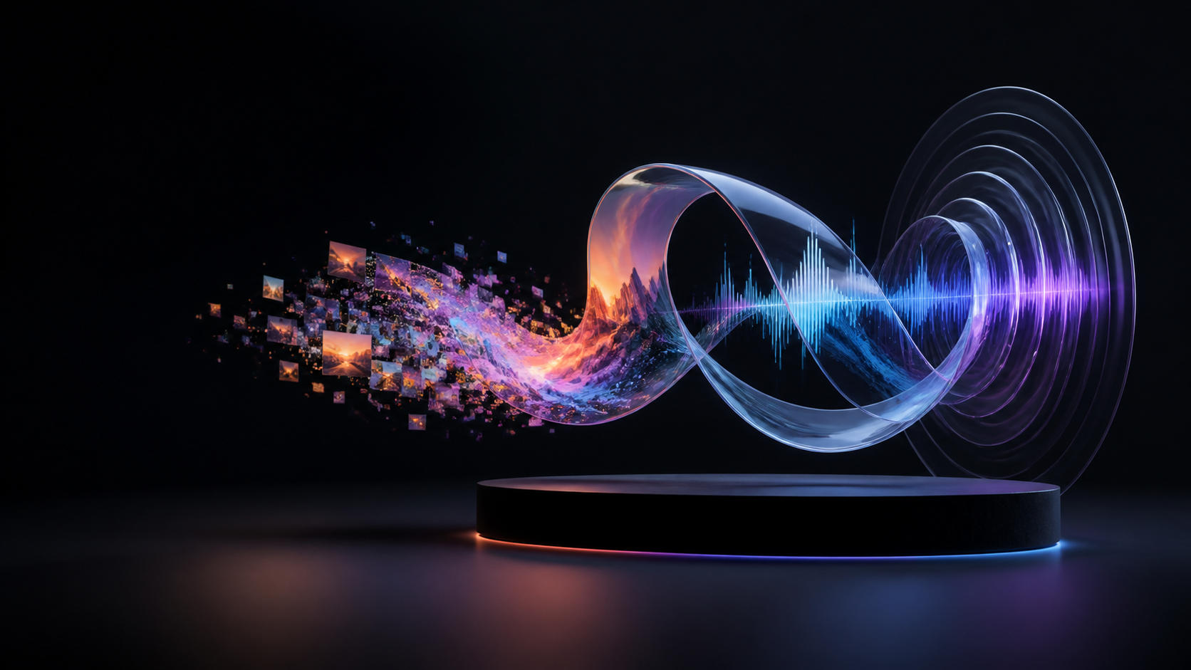 A luminous glass ribbon transforms image particles into a voice waveform